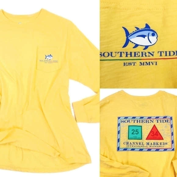🔴 Southern Tide Yellow Men's Long Sleeve Cotton Tee Sz L - Picture 1 of 10
